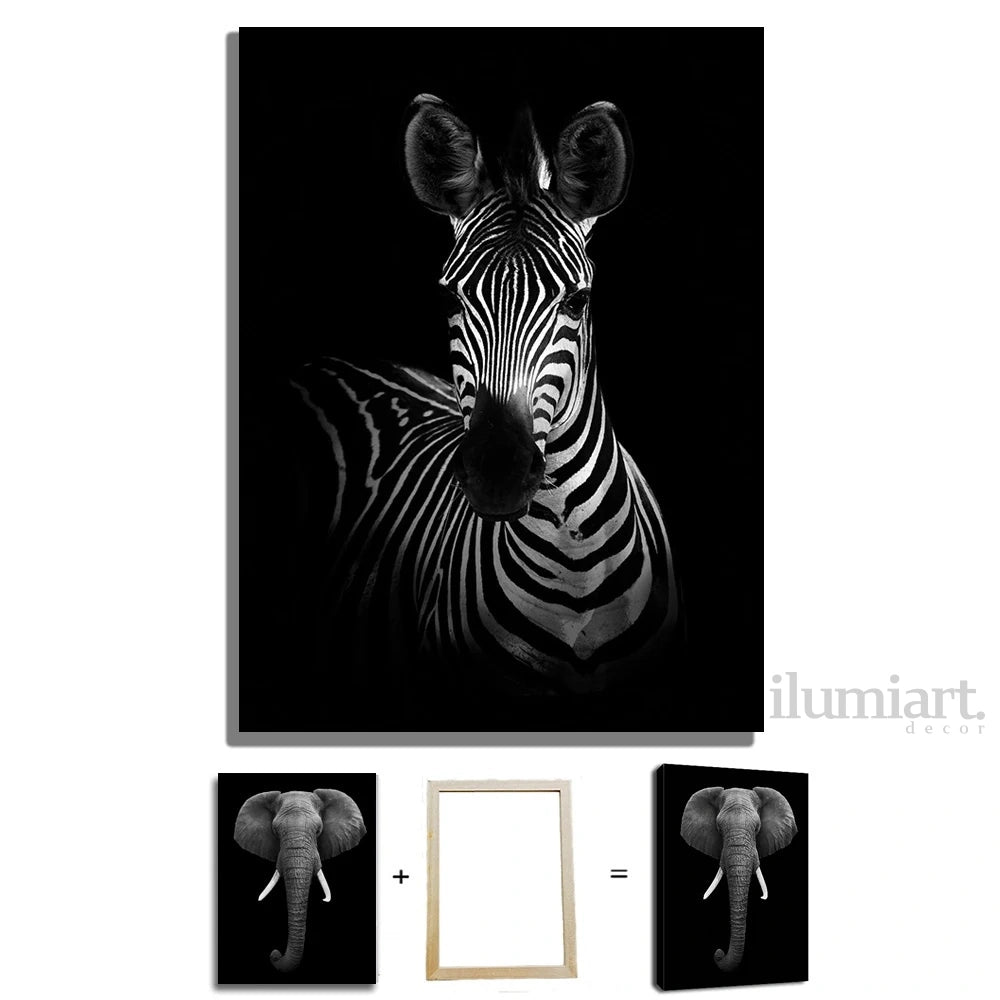 Quadro Decorativo de Animais Preto e Branco - Canvas