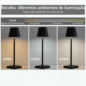 Luminária de Mesa LED Recarregável com Toque - 3 Níveis de Luminosidade