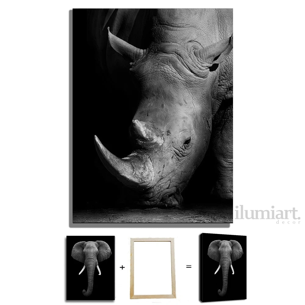 Quadro Decorativo de Animais Preto e Branco - Canvas